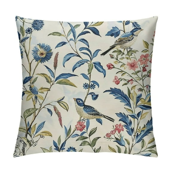 JEUXUS  Navy Blue Floral Pillow Covers Watercolor Flower Bird Decorative Throw Pillows Outdoor Blue and White Spring Square Cushion Cover for Home Couch Sofa Bedding,