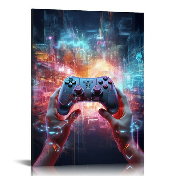 JEUXUS Neon Gaming Art Posters,Video Game Canvas Wall Art, Gamepad Playstation Controller Decorative Interior Painting Wall Art Posters for Teenage Boys Room Playroom Decor,