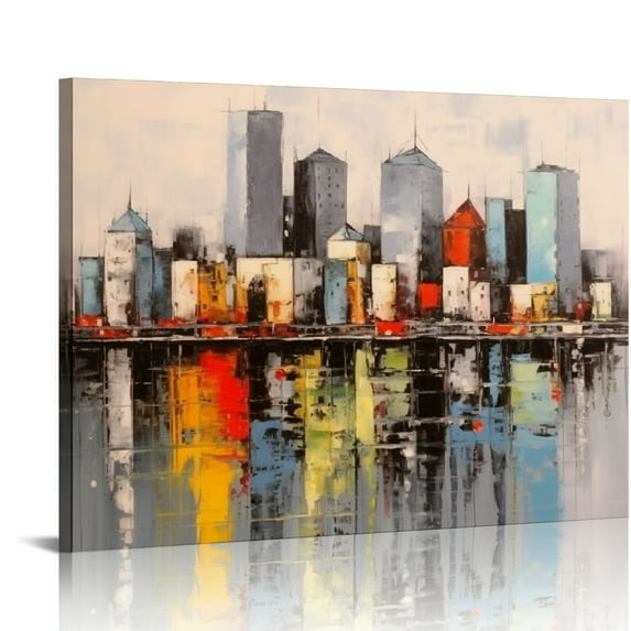JEUXUS New York City Oil Paintings Wall Art City Skyline Canvas Prints Wall Decor Abstract Cityscape Picture Painting for Office Living Room Decoration Poster Framed Ready to Hang(20x16in)