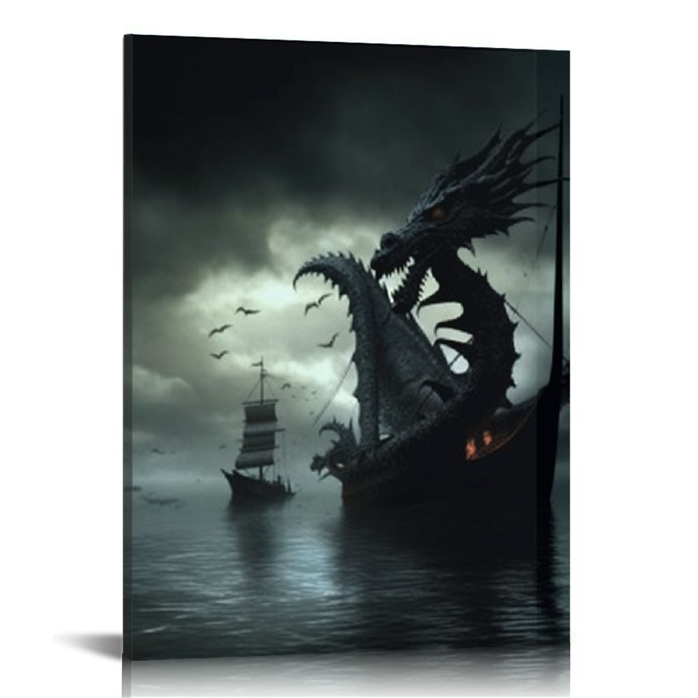 JEUXUS Norse Decor Black and White Painting Vikings Ship Artwork