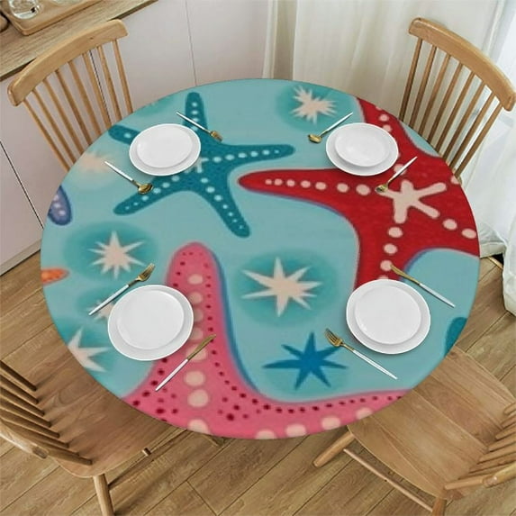 JEUXUS Ocean Beach Starfish Teal Blue Cute Colorful Waterproof Picnic Patio Party Round Table Cloth Cover Decorations Fabric 60 Inch Circular Tablecloth For Home Dining Room Kitchen Decor