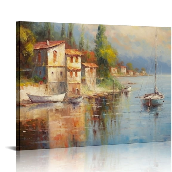 JEUXUS Ocean Landscape Canvas Wall Art - Abstract Coastal Oil Painting with Sailboats Seascape Textured Mountains and Houses Artwork Picture for Home Wall Living Room Bedrooms