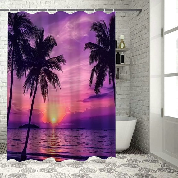 JEUXUS Ocean Sunset Tropical Beach Palm Tree Dusk Sky Hawaii Seaside Nature Seascape Shower Curtain for Bathroom Decoration, Multiple Sizes White