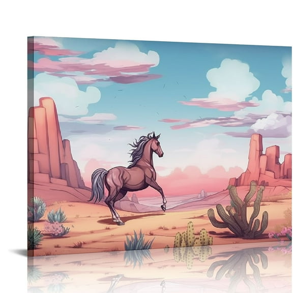 JEUXUS Oil Painting Print on Canvas Framed Wall Art Watercolor Running Horse Cactus Artwork Canvas Picture Prints for Bedroom Living Room Bathroom Decoration Desert Hill Ombre Sky 20x16in