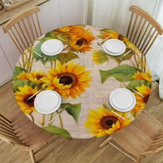 JEUXUS  Orange Floral Watercolor Sunflower Washable Polyester Table Cloth Decorative Table Cover Waterproof Round Tablecloth