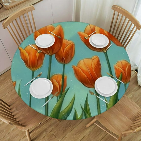 JEUXUS Orange Flower Tulip Painting Teal and Orange Picture Tablecloths - Round Table Cover White