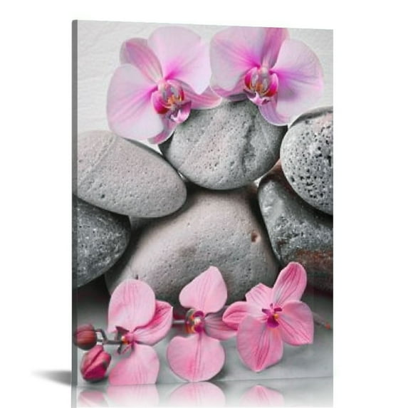 JEUXUS Orchid Flower Painting Wall Art Zen Stones Pink Floral Pictures Prints Peaceful Meditation Artwork Home Bedroom Bathroom Yoga Room Spa Decoration Ready to Hang