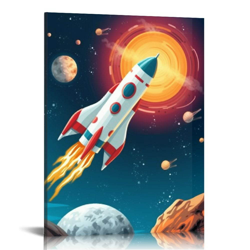 JEUXUS  Outer Space Dinosaur Room Decor,Solar System Stars Wall Canvas Poster,Planet Astronaut Art Print,Rocket Decor for Boys Room Toddler Kids Room Classroom Space Decor