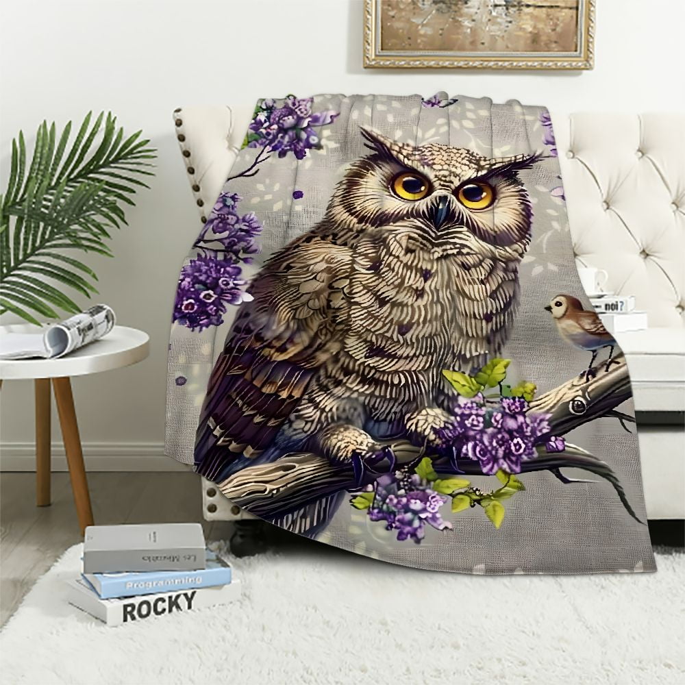 JEUXUS Owl Branch Purple Flowers Anti Pilling Flannel Blanket for Bed All Seasons Premium Lightweight Durable Soft Blanket 60x80in