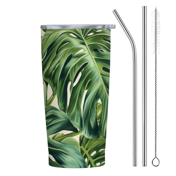 JEUXUS PS Cover 20oz Car Straw Cup (with Straw) Palm Leaves with Lush Branches and Leaves, Tropical Jungle Palm Leaves with Charming Colors 20oz
