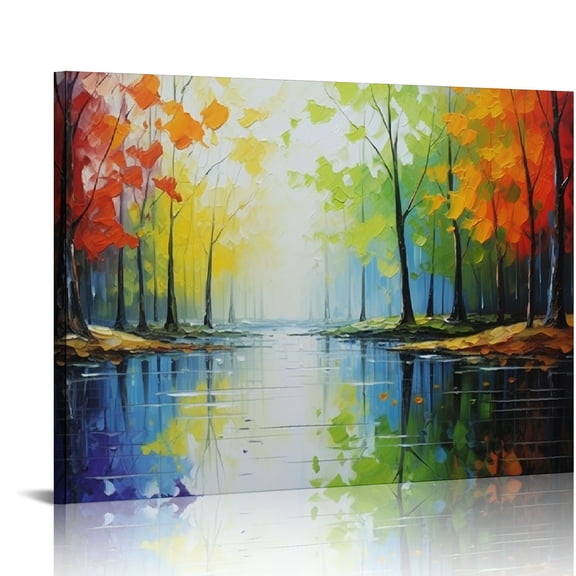 JEUXUS Painted Palette Knife Modern Abstract Wall Art Hanging Lake Scenery Landscape Canvas Picture Framed Ready to Hang 20x16in
