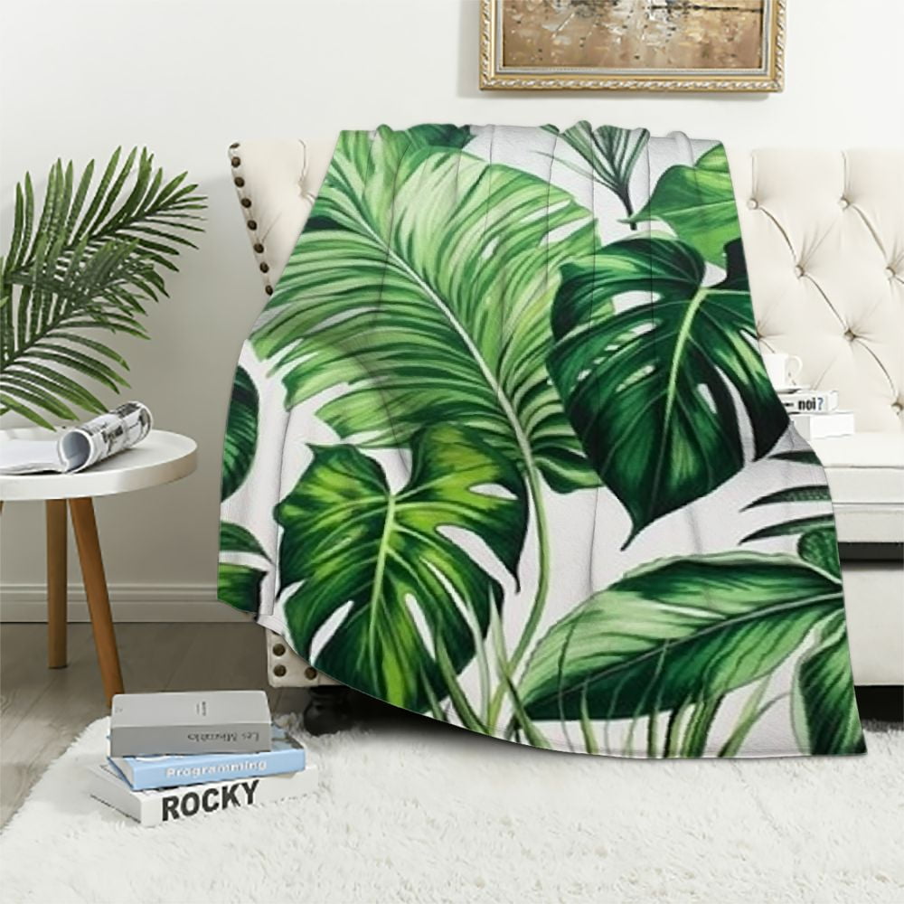 JEUXUS Palm Leaves Throw Blanket Green Hawaiian Blanket All Season
