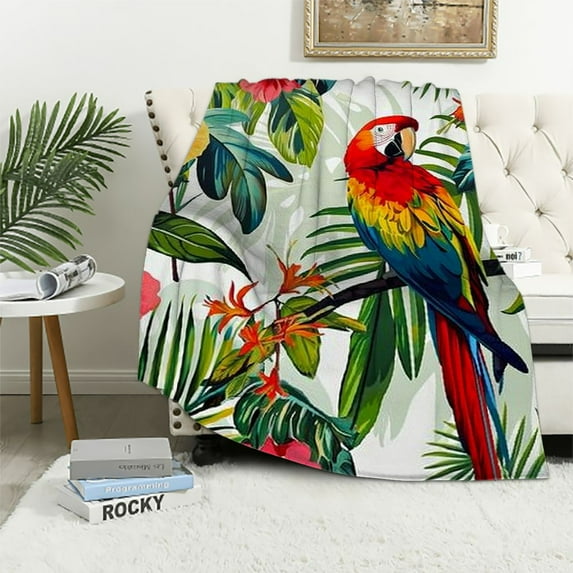 JEUXUS Palm Leaves Throw Blanket Parrots Plush Blanket for Kids Boys Girls Tropical Exotic Birds Sherpa Blanket Hibiscus Flowers Fuzzy Blanket for Sofa Bed Couch, Colorful Room Decor
