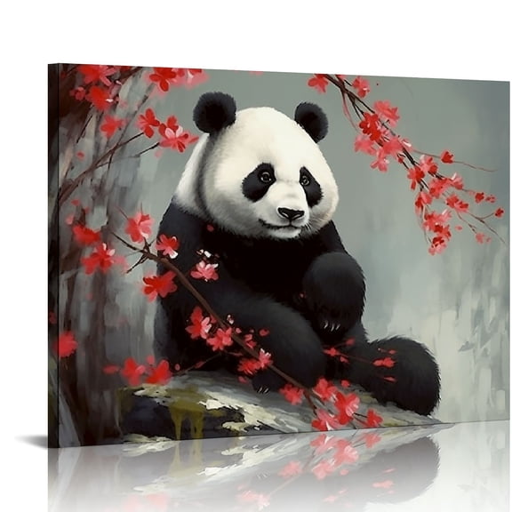 JEUXUS  Panda Canvas Wall Art Panda Picture Prints with Flower Cute Animal Painting for Living Room Kids Room Bedroom Ideal Gift Artwork Framed