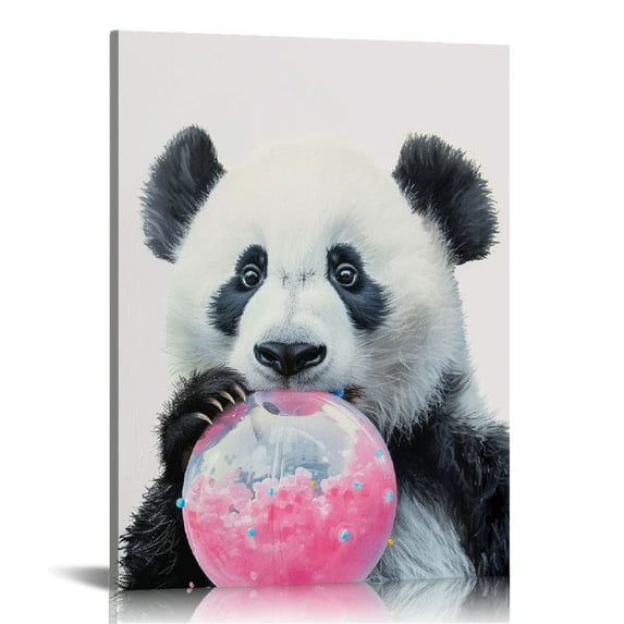 JEUXUS Panda, Pink Bubble Gum Animals, Canvas Wall Art Home Decor, Gallery Wrapped, Stretched, Framed Ready to Hang