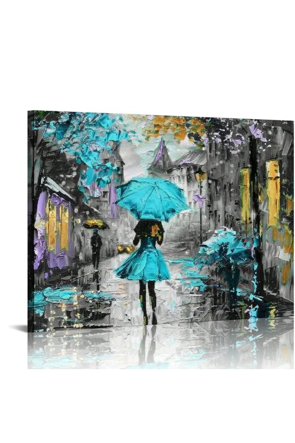 Paris Bathroom Decor Teal Grey Eiffel Tower Wall Art Bedroom Pictures Abstract Couples Umbrella City Street Posters Romantic Black and White Canvas Painting for Living Room Home Decoration