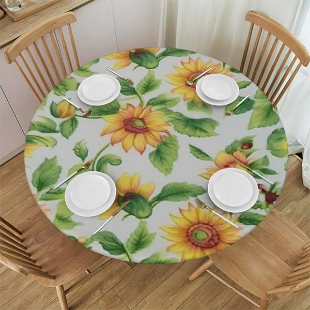 JEUXUS . Patterned Fitted Table Cover with Soft Flannel Backing and Durable Wipe-Clean Construction, Sunflower, Round