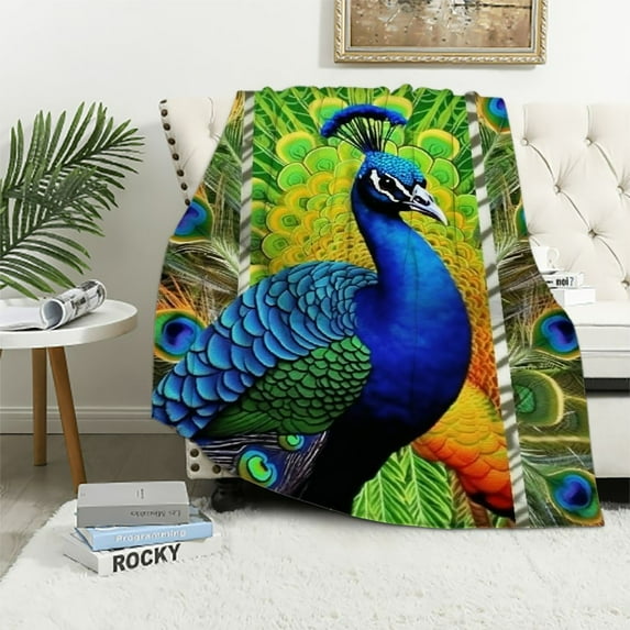 JEUXUS Peacock Blanket Gifts for Girls Women Cozy Plush Beautiful Turquoise Bird Green Peacocks Feather Throw Blanket Flannel Ultra Soft Fuzzy Party Blankets for Bed Couch Sofa