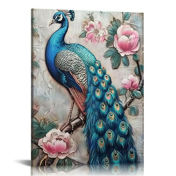 JEUXUS  Peacock Canvas Wall Art Blue Peacock Feather Painting Prints Elegant Flowers Animal Picture Vintage Artwork for Bedroom Living Room(Picture-4)