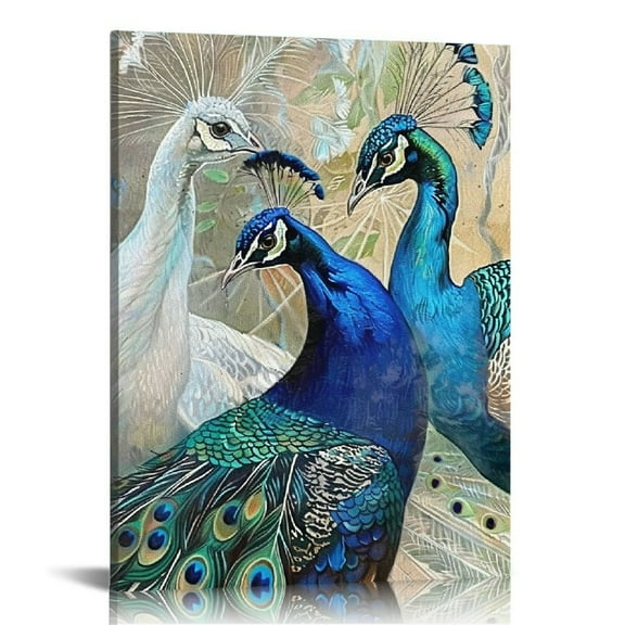 JEUXUS Peacock Canvas Wall Art Vintage Blue and White Peacock Feather Painting Picture Artwork for Home Living Room Bedroom Decor Ready to Hang