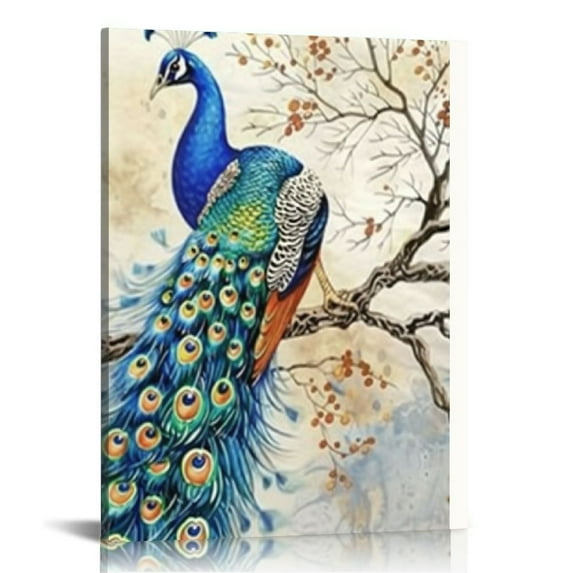 JEUXUS Peacock Canvas Wall Art Vintage Peacock Leaning on Branch Picture Bird Animal Painting Prints Living Room Bedroom Decor Frame (Peacock 1)