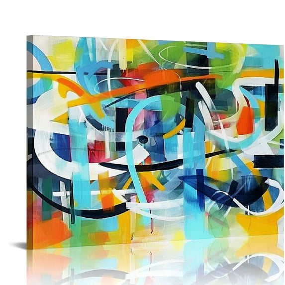 JEUXUS Pictures for Living Room Wall Decoration-Large Modern Abstract Canvas Wall Art-Colorful Wall Art-Teal And Blue Line Art - Graffiti Paintings for Bedroom-Office Wall Decor 20x16in