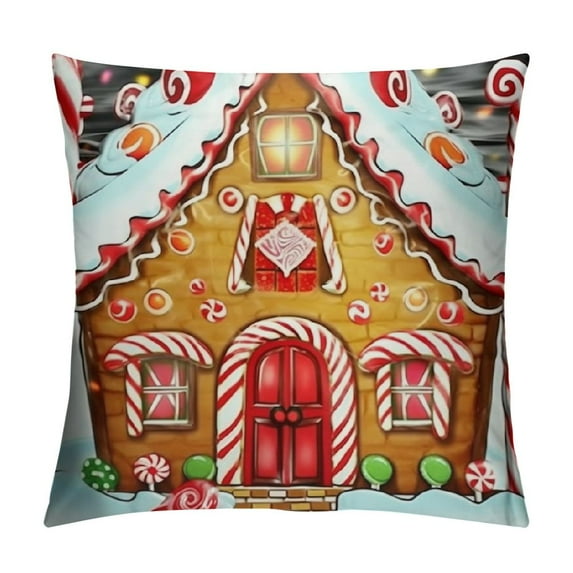 JEUXUS Pillow Cover, Zippered Covers Pillowcases Throw Pillow Covers Cute Gingerbread House with Trees and Candy Cane Frame for Home Sofa Bedding