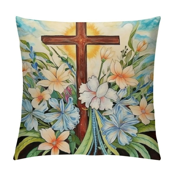 JEUXUS Pillow Covers Floral Rabbit Hello Peeps Cross Farmhouse Decorative Throw Pillowcases for Home Sofa Couch Decoration (Blue)