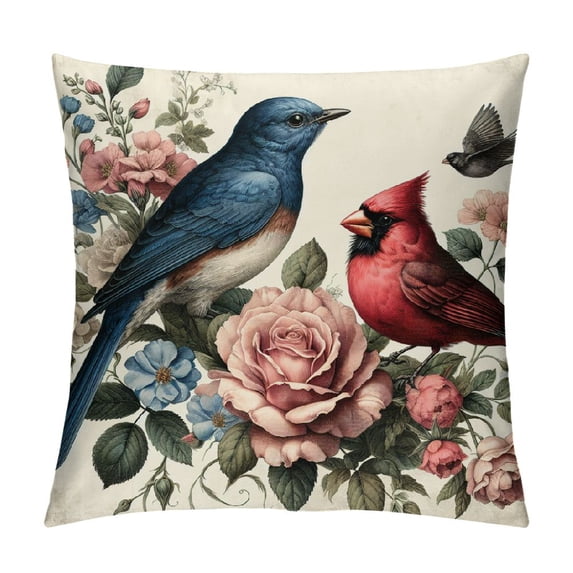 JEUXUS Pillowcase Watercolor Birds Gifts for Girls, Vintage Beige Cardinals Hummingbirds White
