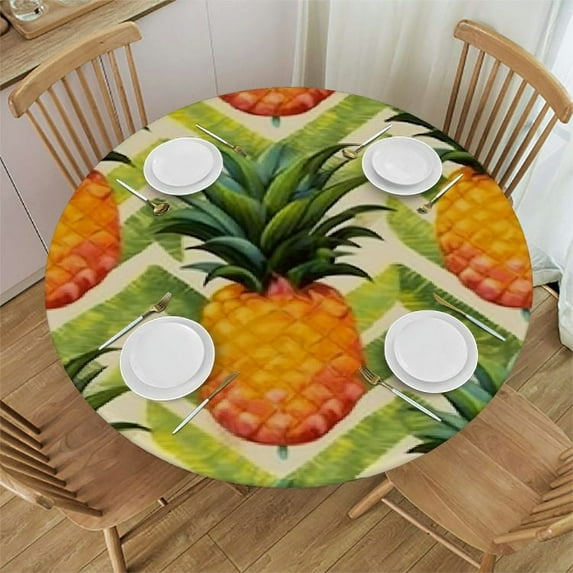JEUXUS Pineapple Pattern Round Table cover with Trim Spring Summer Tablecloths Polyester Table Cover Waterproof Wipeable Table Cloth Linen for Kitchen