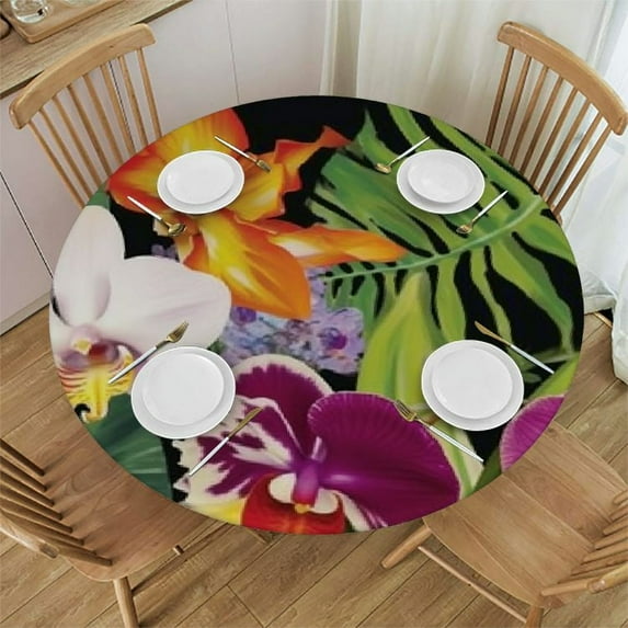 JEUXUS Pineapples Round Table cover Tropical Palm Leaves Flowers Elastic Edged Polyester Fitted Table Cover Water Proof Table Cloth