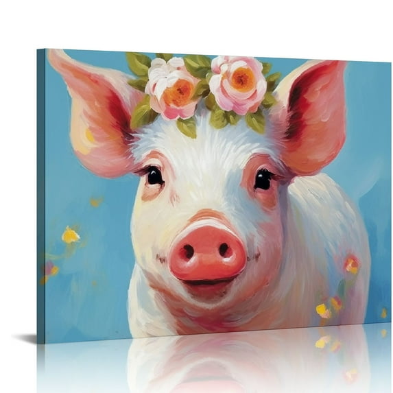 JEUXUS Pink Pig Wall Art Print Funny Animal Prints with Flowers Pig Pictures Canvas Wall Decor Cute Piggy Headband Floral Canvas Bedroom Nursery Decoration Artwork for Living Room Framed