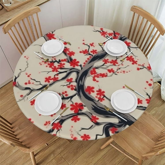 RUIYC Plum Blossom Round Tablecloth with Elastic Fitted Tablecloth for Round Tables Party Table Cover for Indoor 0utdoor Dinning,