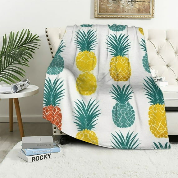 JEUXUS Plush Fleece Throw Blanket | Fuzzy, Soft, Warm, Cozy, Reversible Blanket for Bed Couch Sofa Chair Travel- Colorful Pineapple