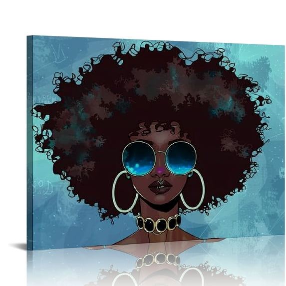 JEUXUS Portrait Afro African American Woman Girl Teal Bue Sunglasses Pop Art Paint Canvas Art Print Wall Art Black African Art Living Room Bedroom Home Decor Ready to Hang 16x12in