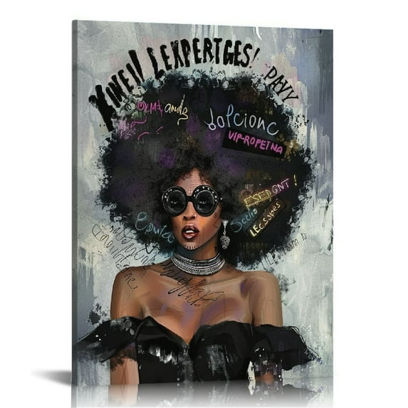 JEUXUS Portrait Sexy Afro African American Woman Colorful Graffiti Hair with Sunglasses Canvas Art Print Wall Art Decor Black African Art Living Room Bedroom Home Decor Ready to Hang  12x16 in