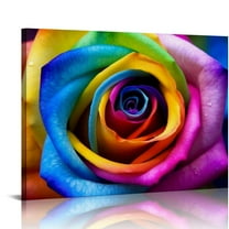 JEUXUS Rainbow Rose Print on Canvas Wall Art Colorful Rose Painting Flower Picture Walls Decoration Floral Paintings Living Room Home Decor Framed Artwork 20x16in