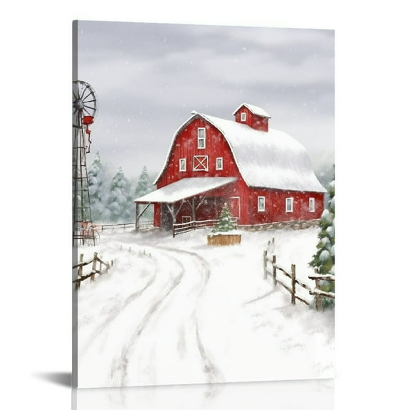 JEUXUS Red Barn Canvas Wall Art: Christmas Rustic Red Barn Bathroom Decor Winter Old Barn Pictures Barn Wall Art Framed for Farmhouse Bedroom Ready to Hang 16x20 in