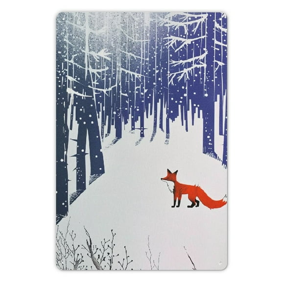 JEUXUS Red Fox Snowy Forest Trees Metal Tin Sign 8x12in