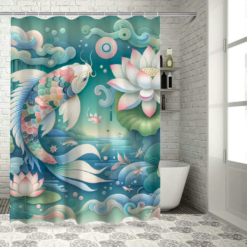 RUIYC Fish and Lotus Flower Cozy Fuzzy Waterproof Bathroom Shower ...