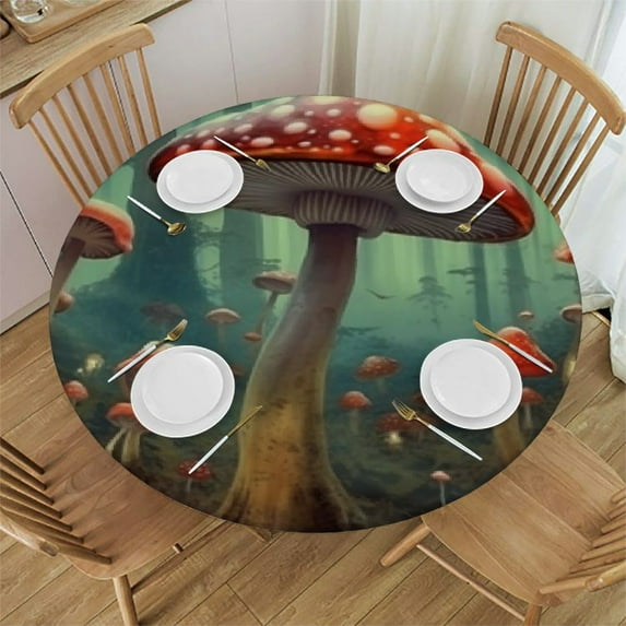 JEUXUS Red Mushroom Tablecloth Round Abstract Psychedelic Forest Print Colorful Mushroom Pattern Table Cloth Cover Indoor Outdoor for Dining for Home Party Picnic