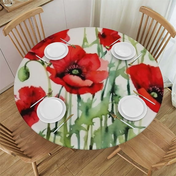 JEUXUS Red Poppy Flower Round Tablecloth with Elastic Fitted Picnic Table Cover for Round Tables Table Cover for Dining Room Party Outdoor Picnic