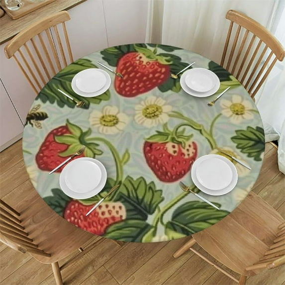 RUIYC Red Strawberry Printed Round Tablecloth Washable Polyester Lace Trim,Spring Vibrant Fruits Kitchen Circle Table Cloth Cover Mat for Party Dinning Wedding Home Decor