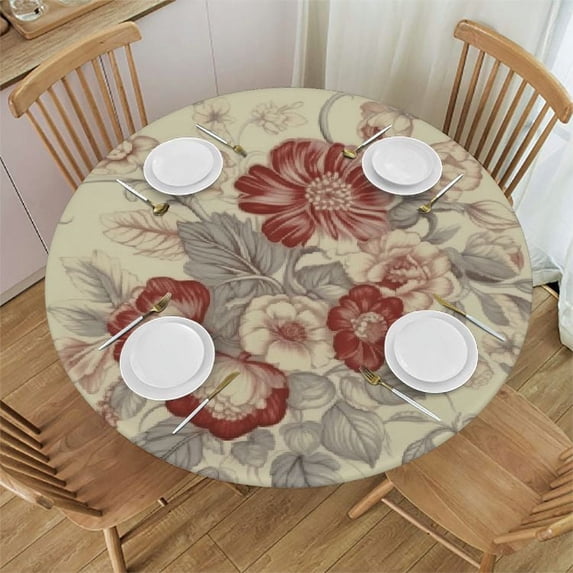 JEUXUS Red Vintage Flower Elastic Edged Round Fitted Table Cloth Cover, Waterproof Free Round Tablecloth, Home Decorative Tablecloth for Indoor Outdoor Kitchen Party