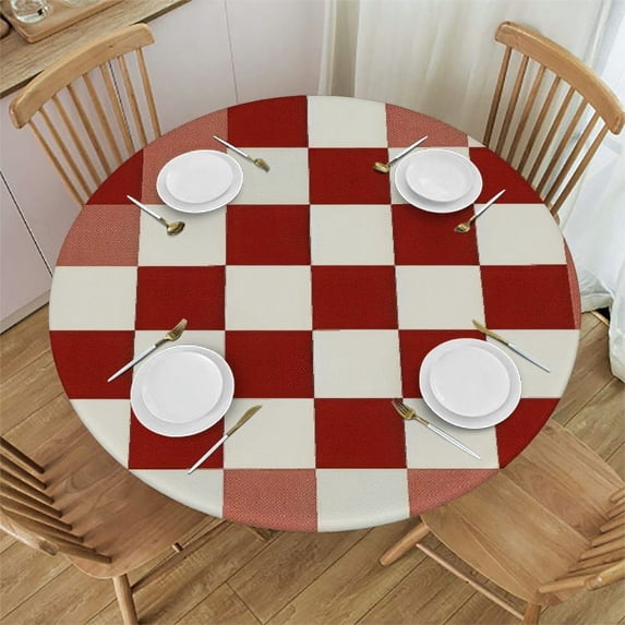 JEUXUS Red White Grids Tablecloth Round Lattice Checkerboard Classic Plaid Waterproof Wipeable Table Cloth Cover Table Pad Cover for Dining Room Fitted Table 40-44 inch 48x48in