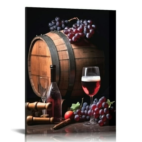 JEUXUS  Red Wine Bottle and Barrel Grape Fruit Canvas Prints Wall Art Modern Food Vintage Pictures Paintings Giclee Artwork for Kitchen Living Room Home Decorations