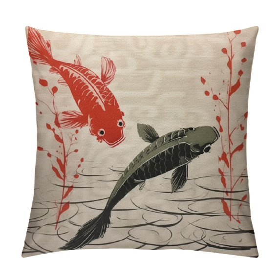 JEUXUS Red and Black Fishs Burlap Throw Pillow Case Cushion Cover Couch Sofa Decorative Square