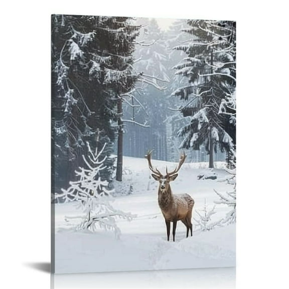 JEUXUS Reindeer Christmas Decor Deer Canvas Wall Art Elk Pictures Snowy Winter Forest Artwork Scenic Nature Print Animal Poster Christmas Wall Decorations for Farmhouse Home Living Room
