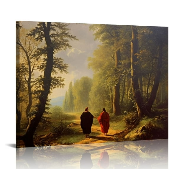 JEUXUS The Resurrected Christ Walks With Two Men On The Road To Emmaus Poster God Jesus Canvas Painting Wall Art Pictures Decor Frame-style1 20x16 inch