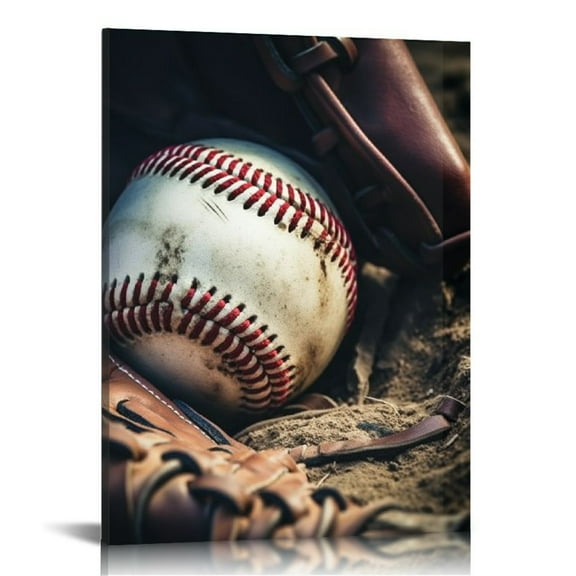 JEUXUS Retro Baseball Canvas Wall Art Vintage Baseball in Glove Poster Sports Pictures Wall Decor for Boy's Room Living Room Decoration Stretched and Framed Each Size 16x20in